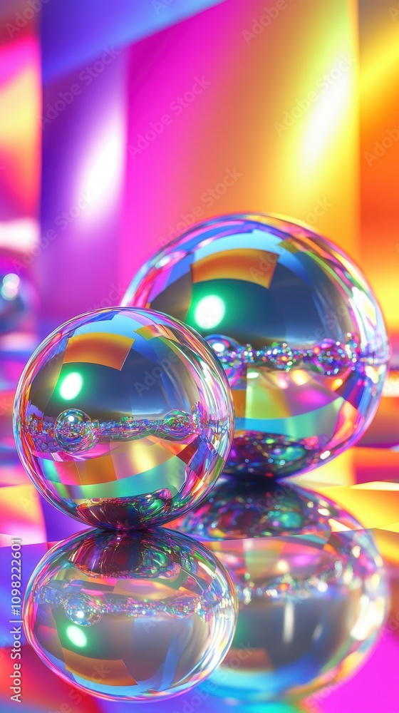 Poster two iridescent spheres reflect vibrant colors against a strikingly colorful backdrop, creating a mes
