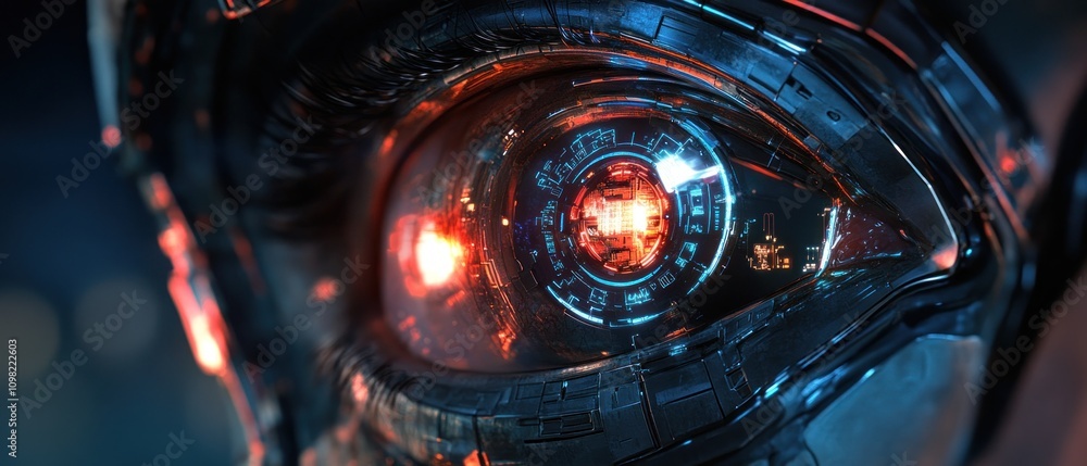 Poster a close-up of a futuristic robotic eye with intricate circuitry and glowing elements.