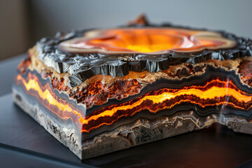 A high-resolution cross-section of a volcano, showing magma flow and geological layers