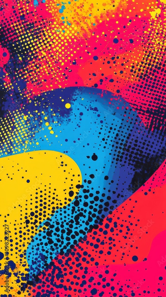 Poster vibrant abstract pattern featuring bold splashes of blue, yellow, red, and orange, creating a dynami