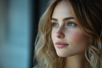 Naklejka premium Young Woman Glowing Skin, Wavy Brown Hair, Relaxed Pose