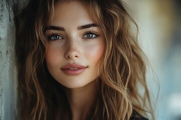 Naklejka premium Young Woman, Shoulder-Length Loose Hair, Natural Pose, Close-Up