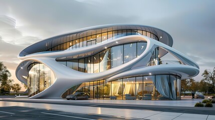 Naklejka premium A futuristic architectural design with curved surfaces and large glass panels.