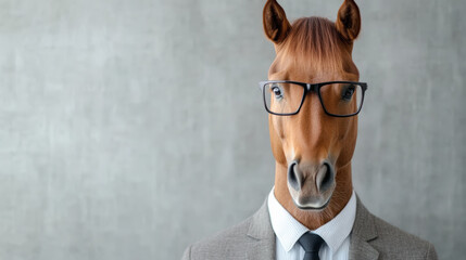 A horse wearing glasses and a suit poses humorously against a gray background, merging elegance with whimsy in a quirky fashion statement.