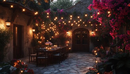 Obraz premium Cozy outdoor dining space with string lights and blooming flowers