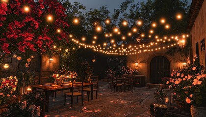 Obraz premium Cozy outdoor dining space with string lights and blooming flowers