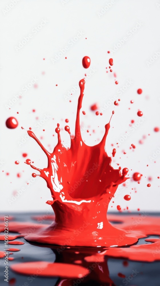 Poster a dynamic splash of vibrant red paint creates a striking visual effect against a light background.