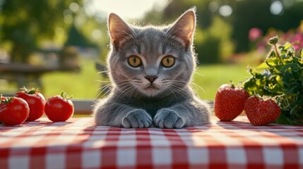 Gray tabby cat resting on red checkered tablecloth, outdoor picnic setting, alert expression, curious feline, tranquil park atmosphere, peaceful cat outdoors