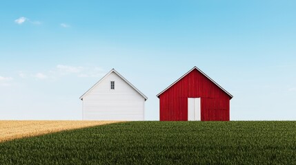 Obraz premium Agriculture Debt Concept, Contrast of Farmhouses Under Blue Sky in the Countryside Landscape