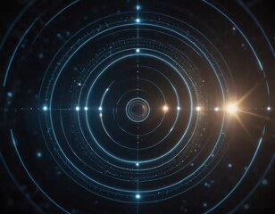 Obraz premium A complex design featuring interlocking circles and lines represents the intricate concepts of quantum physics. The dark backdrop enhances the luminous patterns of connection. Generative AI