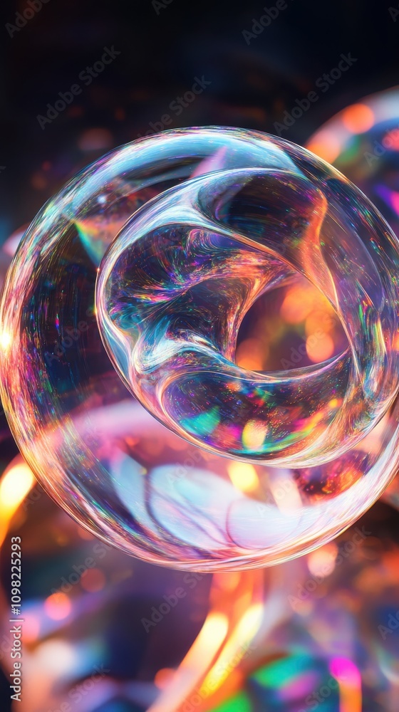 Poster a close-up of a vibrant soap bubble reflecting colorful lights and patterns, creating a surreal and 