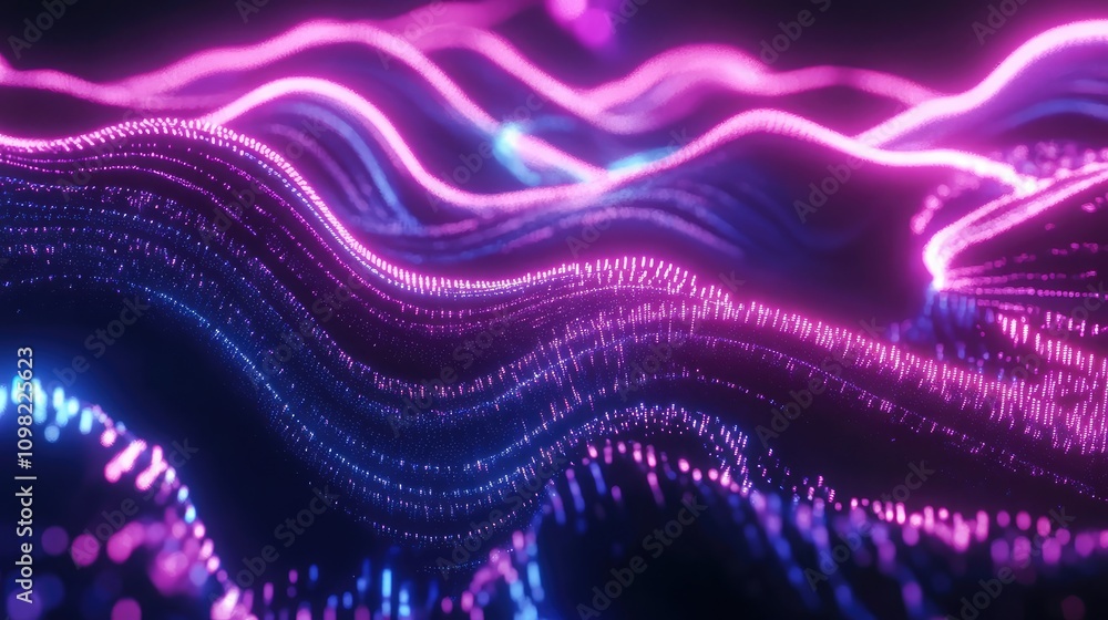 Poster lines of glowing data stretching in waveforms, moving rhythmically across the screen with vivid elec