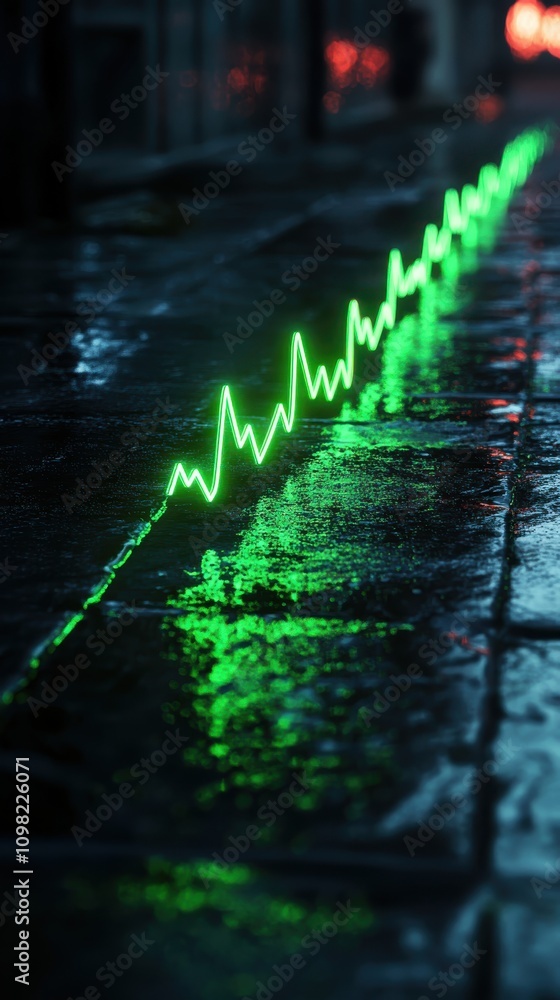 Poster a vibrant green heartbeat line reflected on a wet pavement, creating a striking visual effect in a m