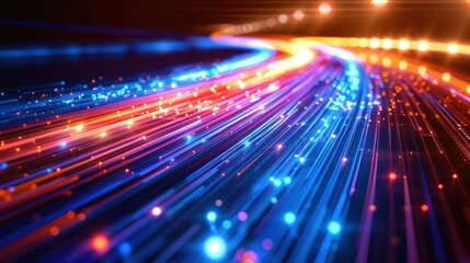 A vibrant display of colorful light trails representing motion and technology.