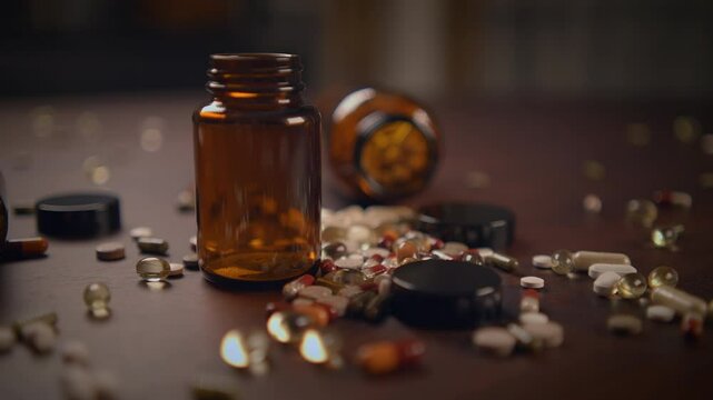 A variety of scattered pills and bottles displayed messily on a rustic wooden surface
