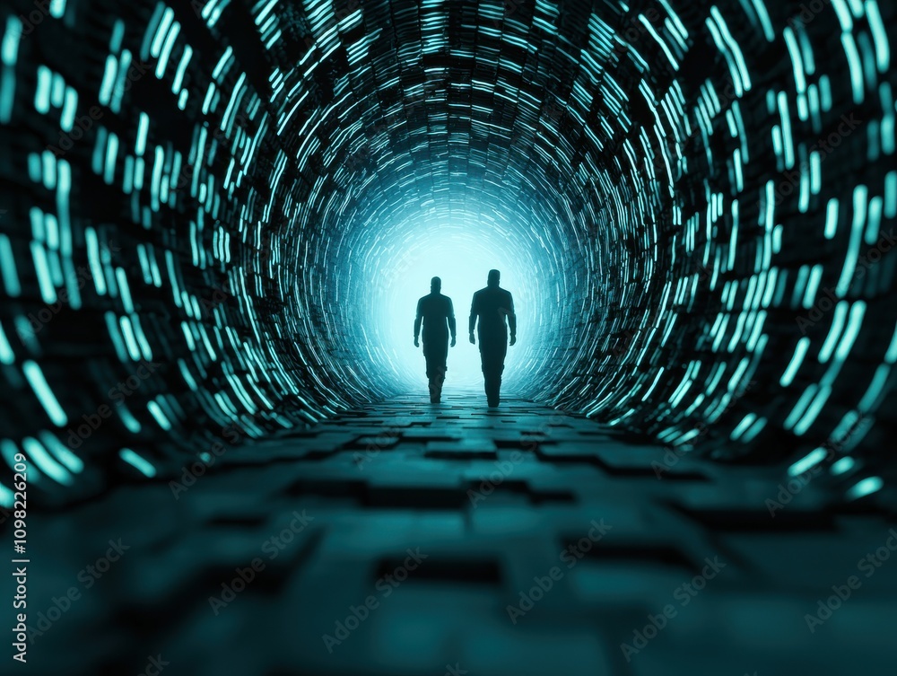 Poster two silhouetted figures walk through a glowing tunnel, creating a sense of mystery and depth in a di