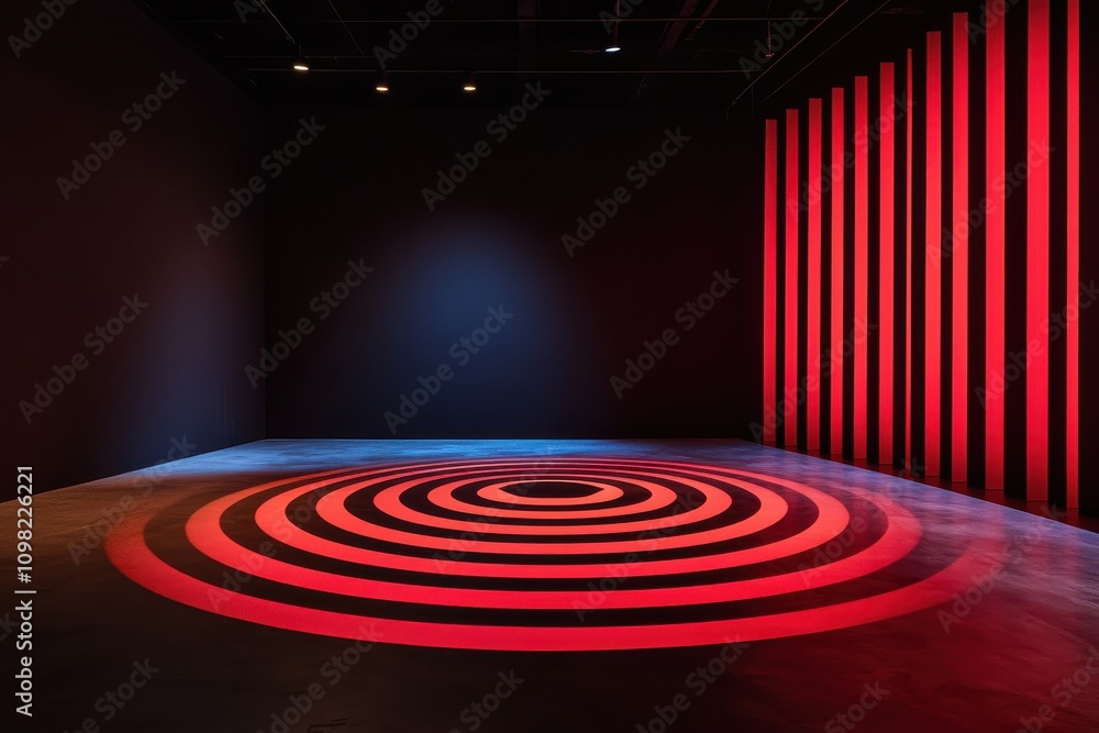 Poster a modern art installation featuring red light patterns on the floor and vertical stripes on the wall