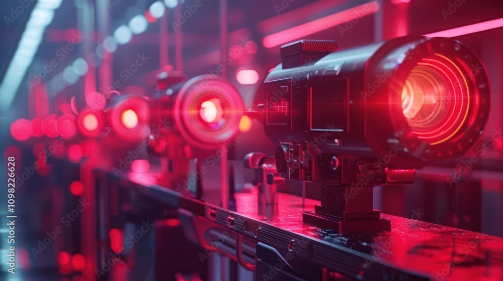 Poster a row of high-tech devices emitting red laser beams in a futuristic setting.