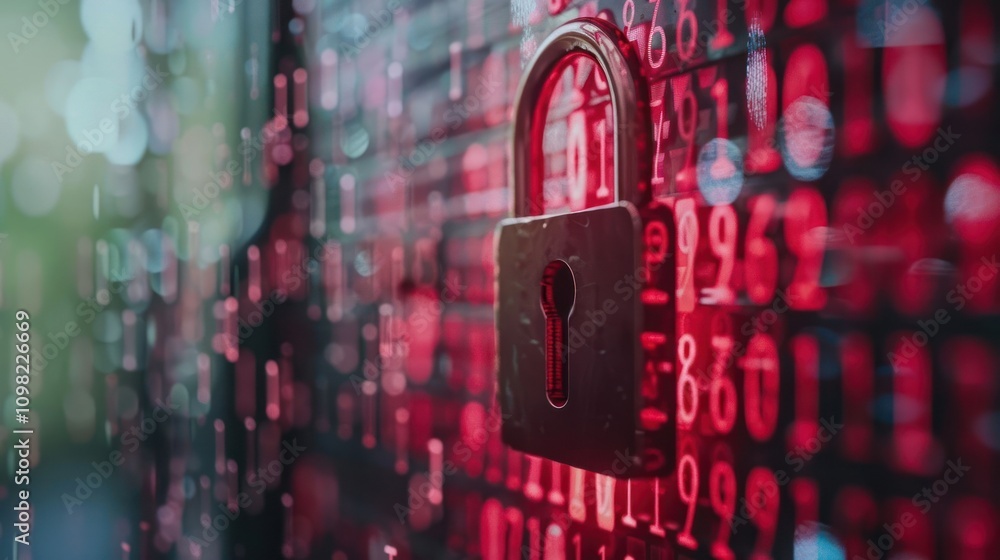 Poster a padlock against a backdrop of red digital numbers, symbolizing cybersecurity and data protection.