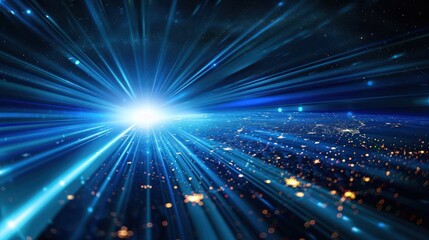 Fototapeta premium A vibrant depiction of light beams radiating from a central point, suggesting energy and motion.