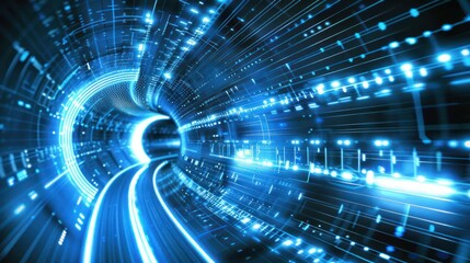 Obraz premium A dynamic representation of digital data flow in a futuristic tunnel.