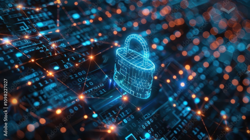 Poster digital representation of a secure lock symbolizing cybersecurity and data protection.