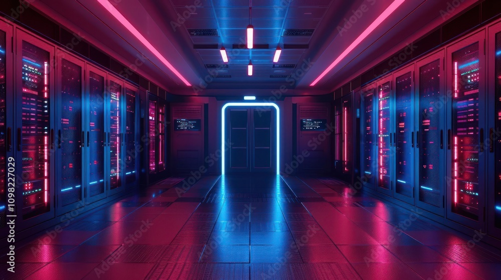 Poster a futuristic server room illuminated with neon lights, showcasing technology and data storage.