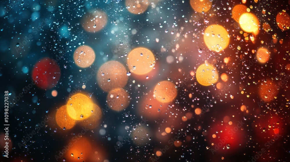 Poster abstract background of colorful bokeh lights and raindrops on glass.