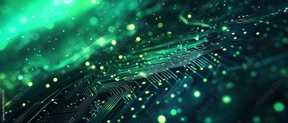 Poster abstract digital circuit background with glowing particles and a futuristic feel.