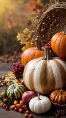 pumpkins and autumn leaves seaonal vertical background image. Harvest background image. Generative AI.