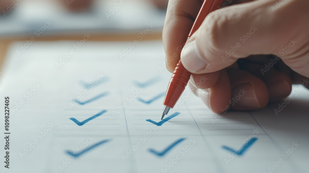 Aufkleber a person marks blue checkboxes on a grid-patterned paper with a red pen, indicating completed tasks 