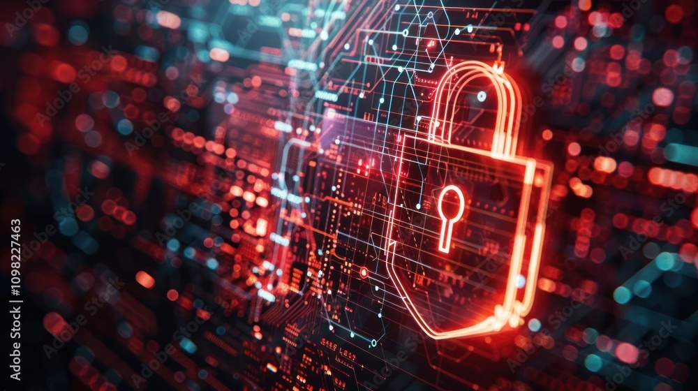 Poster digital representation of a padlock symbolizing cybersecurity and data protection.