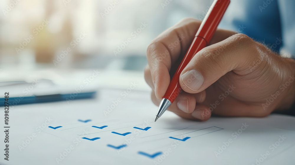 Aufkleber a person marks off a checklist with a red pen, focusing on task completion in a bright workspace, sy