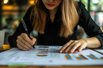 Fototapeta premium Businesswoman working with documents analyzing business and planning financial accounting. 