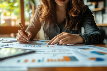 Fototapeta premium Businesswoman working with documents analyzing business and planning financial accounting. 