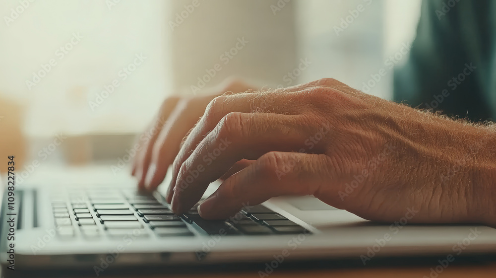 Poster hands typing on a laptop keyboard, bathed in soft natural light. the image conveys a sense of focus 