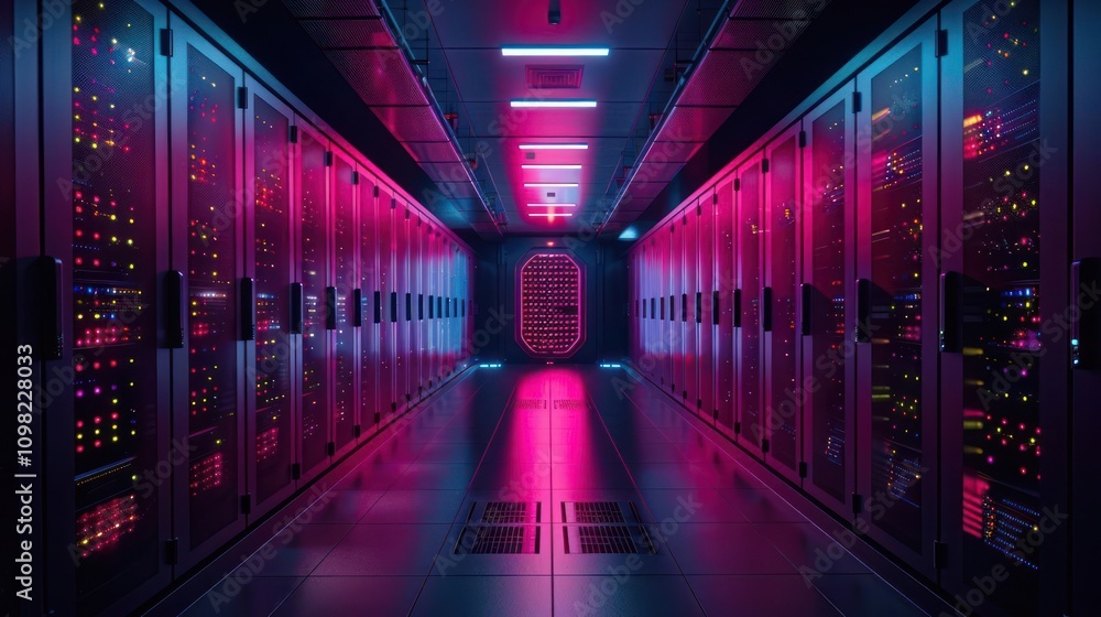 Poster a futuristic server room illuminated with vibrant lights and data storage systems.