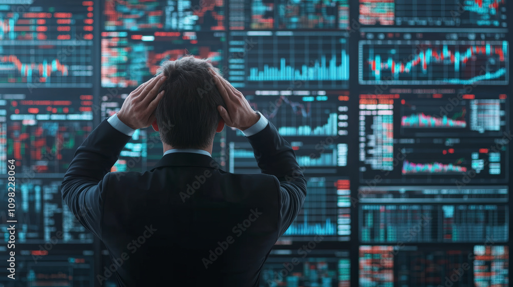 Poster a person in formal attire stands before a busy stock market screen, seemingly overwhelmed by the flu