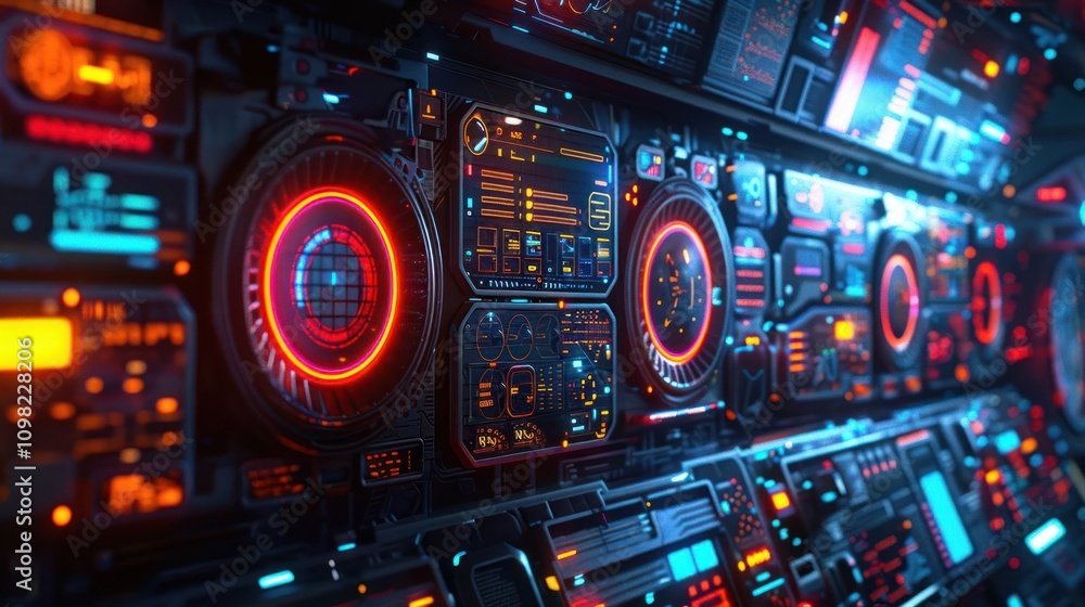 Poster a futuristic control panel filled with glowing screens and intricate circuitry.