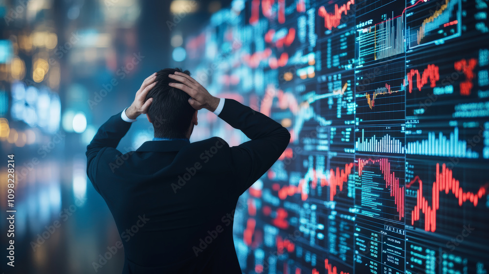 Poster a person stands in front of a large digital screen displaying fluctuating stock market graphs, appea