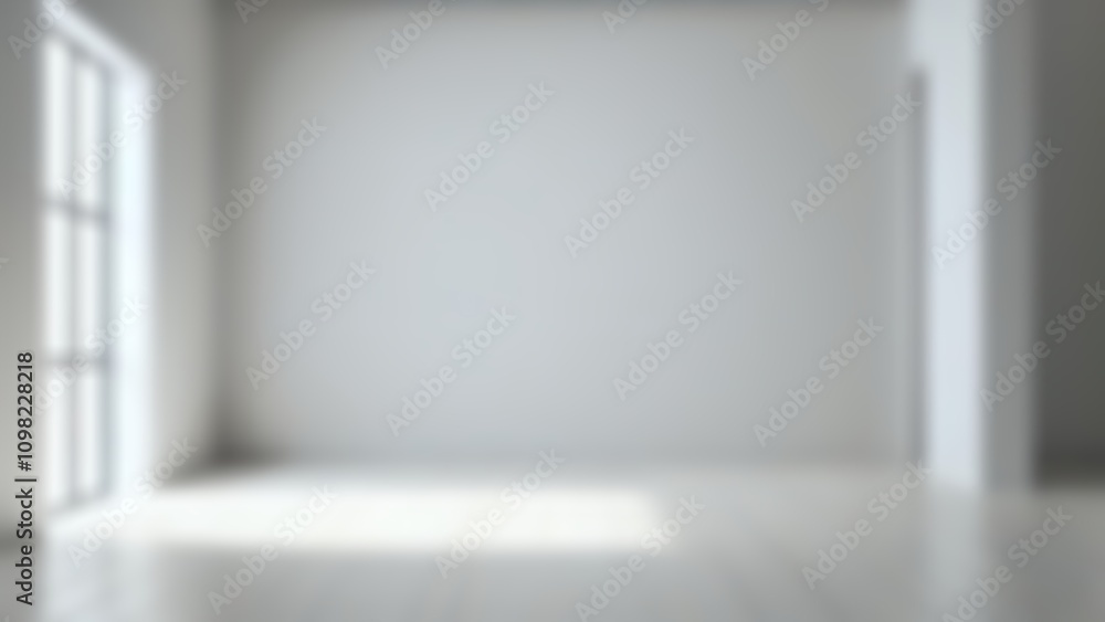 Poster minimalist white room with blurred features, emphasizing a clean and simple environment