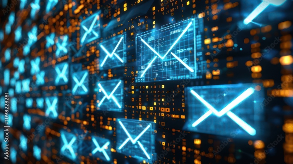 Aufkleber a digital representation of email communication with glowing icons on a data background.