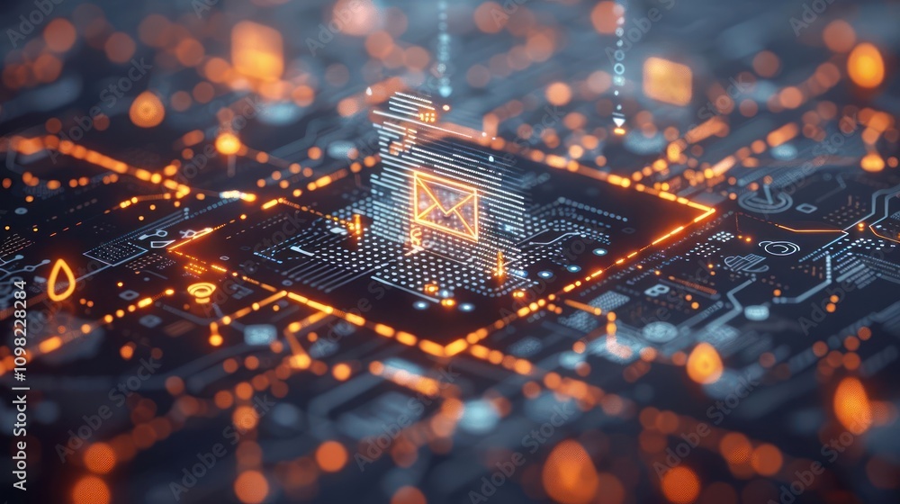 Poster a digital circuit board with glowing elements, symbolizing communication and technology.