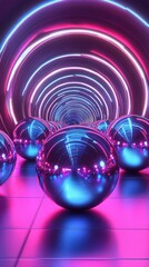 Obraz premium Glowing metallic spheres create a mesmerizing tunnel effect in vibrant pink and blue hues.