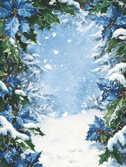 Elegant Christmas Wreath with Snow-Covered Holly and Poinsettias Framing a Blank Space for Holiday Messages