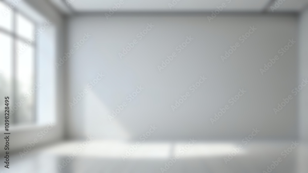 Poster blurred white empty room with a minimalist scene, focusing on simplicity and clean lines
