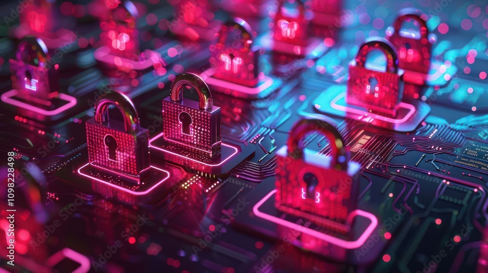 Poster digital locks on a circuit board, symbolizing cybersecurity and data protection.