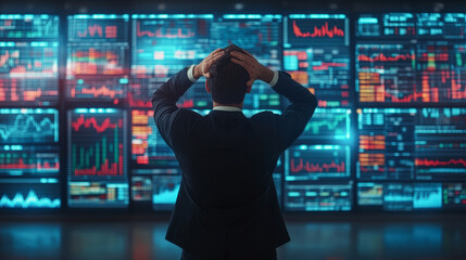 A man in a suit looks at multiple screens displaying financial data and stock market trends, appearing concerned about the fluctuations.