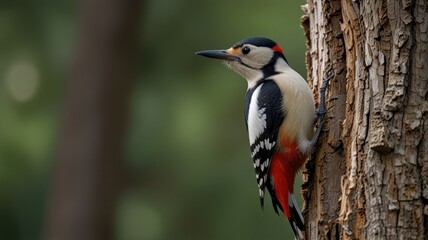 Great spotted woodpecker perched on a tree trunk in a forest.