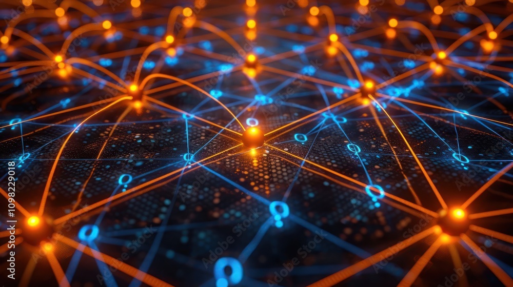 Poster a digital network visualization with interconnected nodes and vibrant colors.